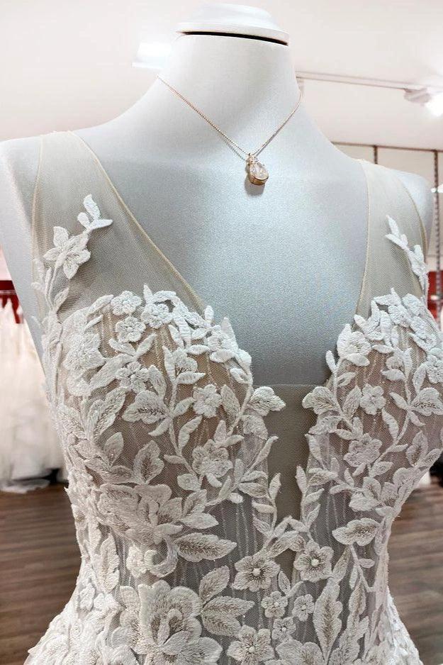 Long A-line Tulle Sleevless Ruffles Jewel Wedding Dress With Lace Appliques - Image 5