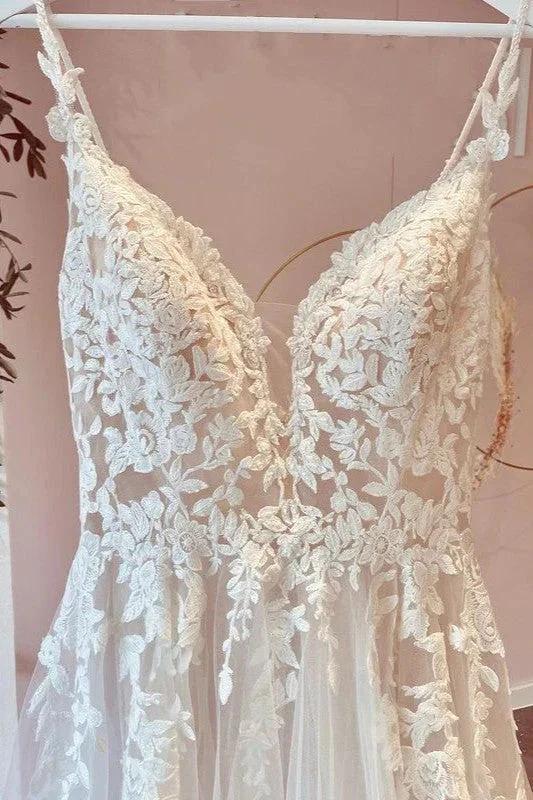 Long A-Line Tulle Sweetheart Appliques Lace Wedding Dress - Image 3