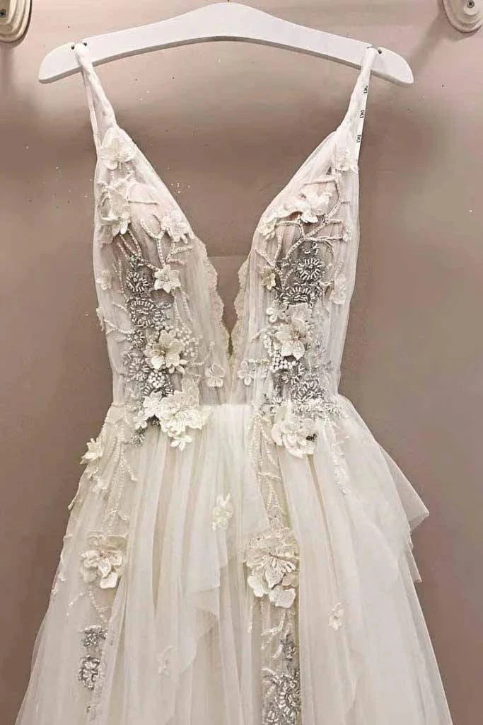 Long A-line Tulle V Neck Lace Applique Wedding Dress - Image 2