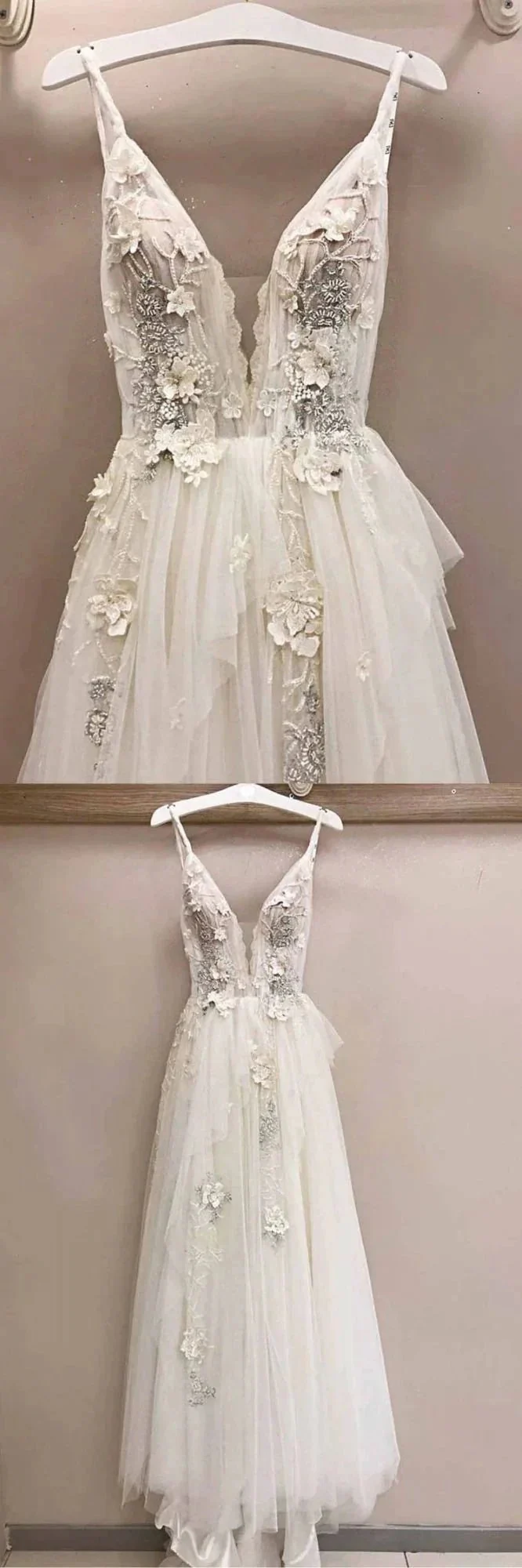 Long A-line Tulle V Neck Lace Applique Wedding Dress - Image 3
