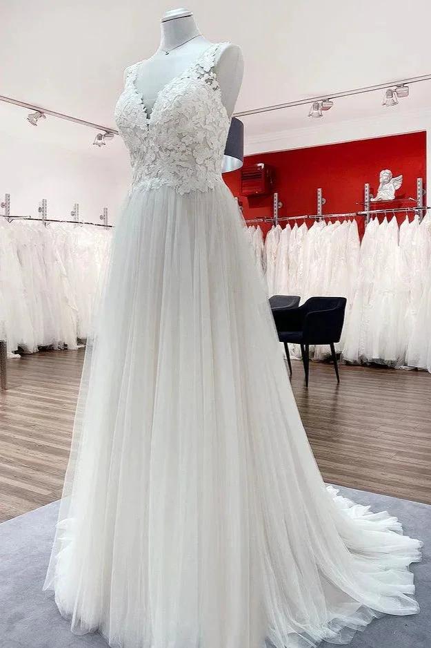 Long A-line Tulle V Neck Open Back Appliques Lace Wedding Dress - Image 2