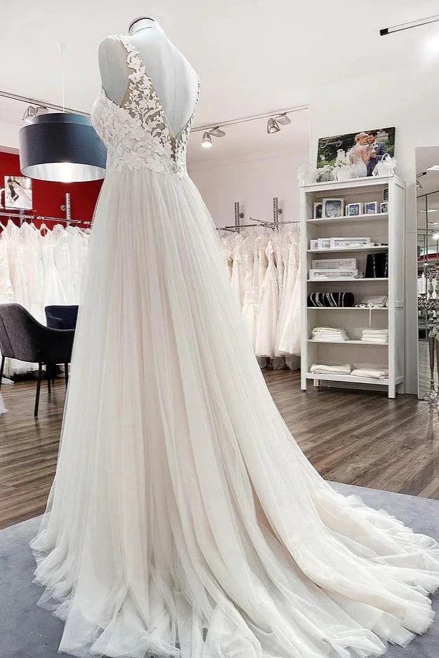Long A-line Tulle V Neck Open Back Appliques Lace Wedding Dress - Image 3