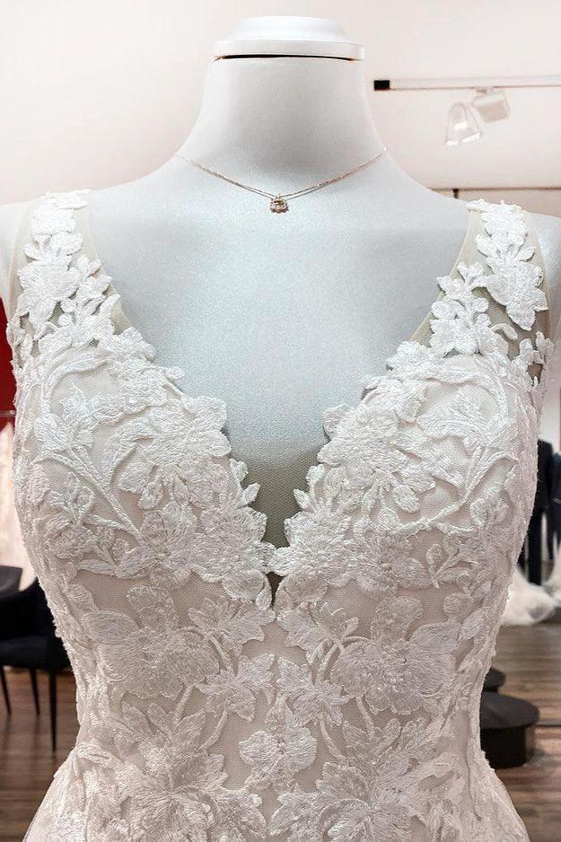 Long A-line Tulle V Neck Open Back Appliques Lace Wedding Dress - Image 4