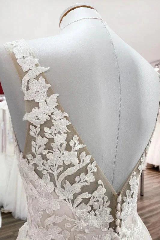 Long A-line Tulle V Neck Open Back Appliques Lace Wedding Dress - Image 5