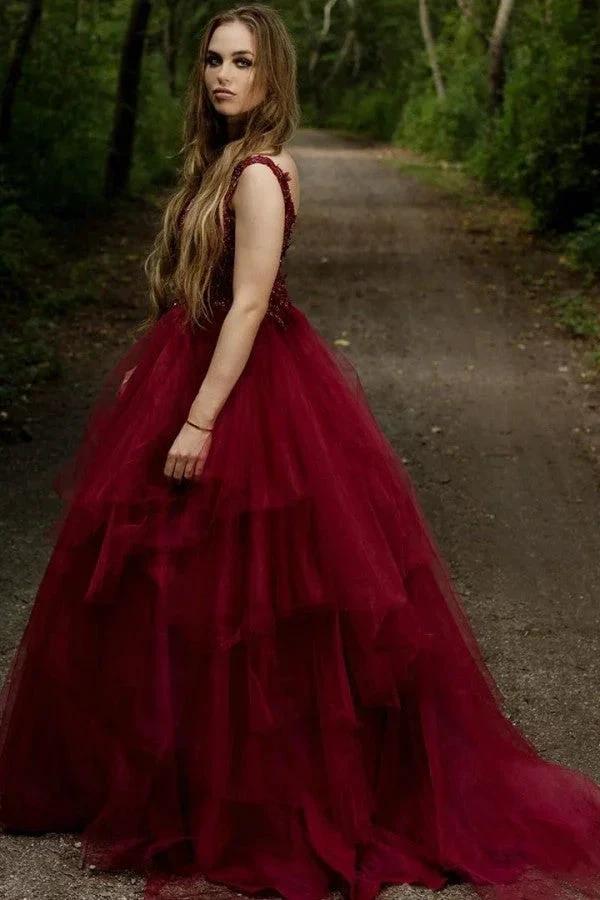 Long A-line V-neck Appliques Lace Backless Tulle Prom Dress - Image 3