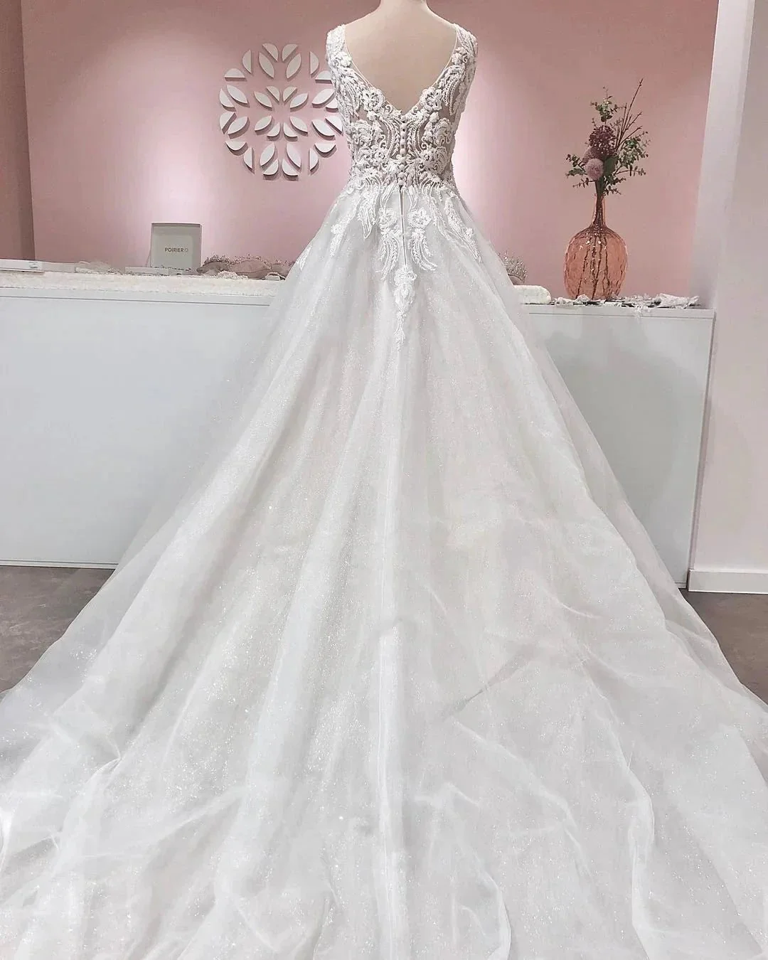 Long A-line V-neck Appliques Lace Backless Tulle Ruffles Wedding Dress - Image 2