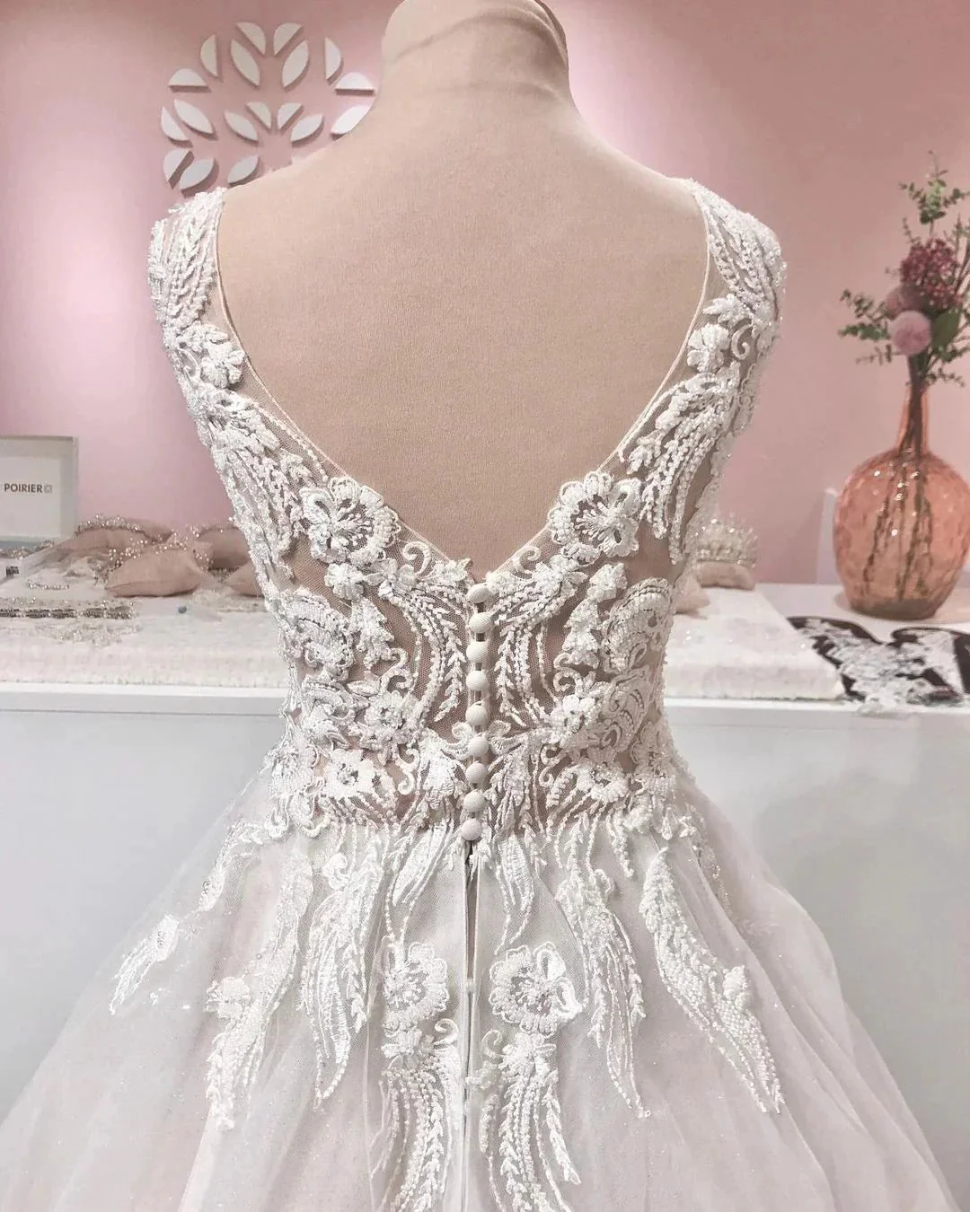 Long A-line V-neck Appliques Lace Backless Tulle Ruffles Wedding Dress - Image 4