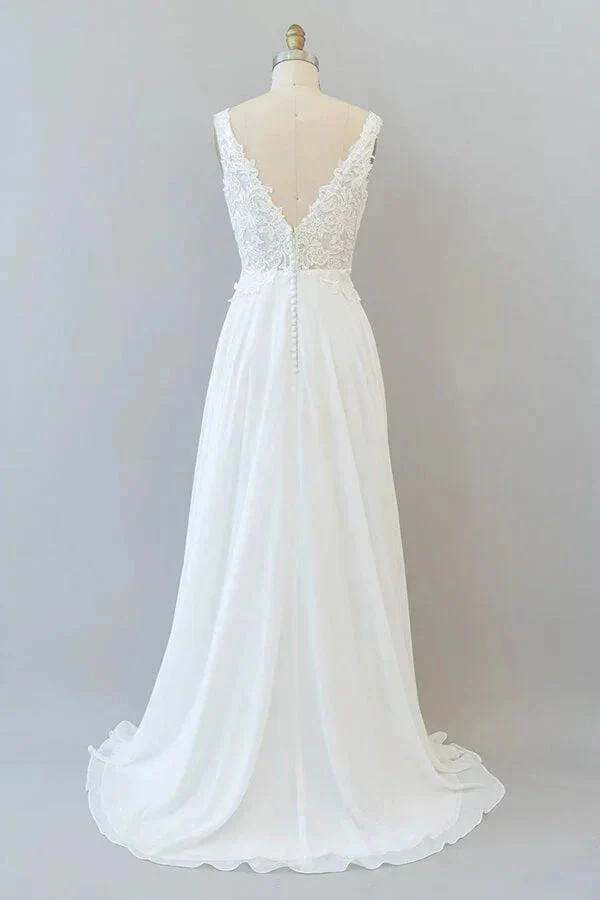 Long A-line V-neck Appliques Lace Chiffon Wedding Dress - Image 2