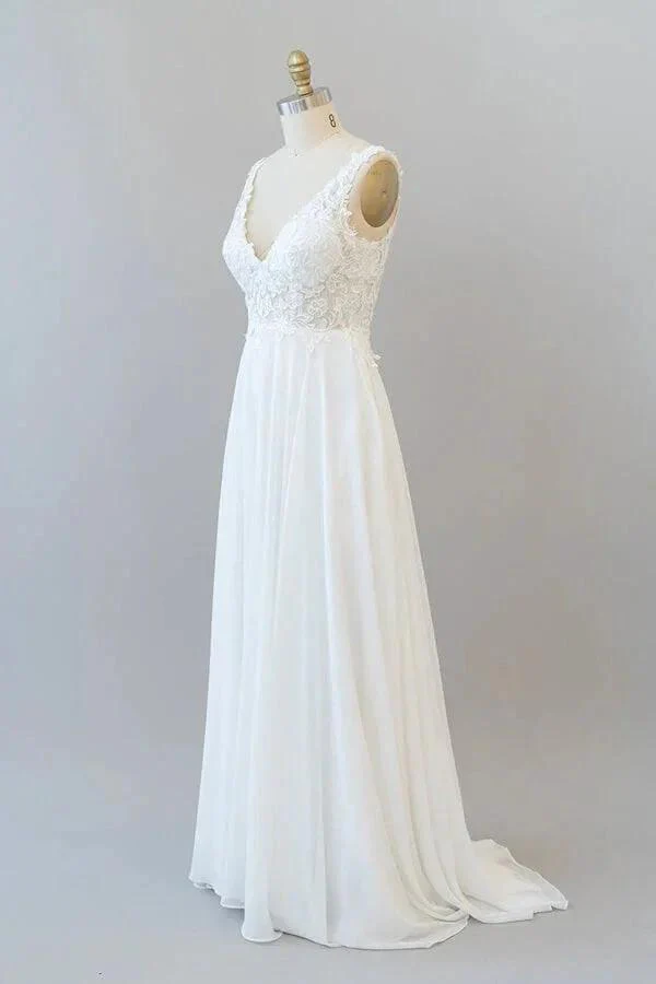 Long A-line V-neck Appliques Lace Chiffon Wedding Dress - Image 3