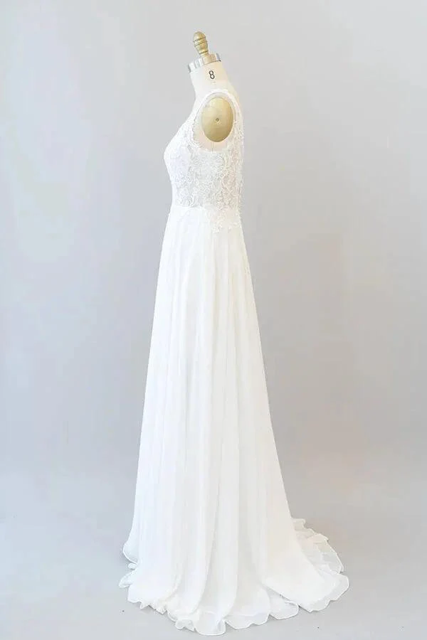 Long A-line V-neck Appliques Lace Chiffon Wedding Dress - Image 4
