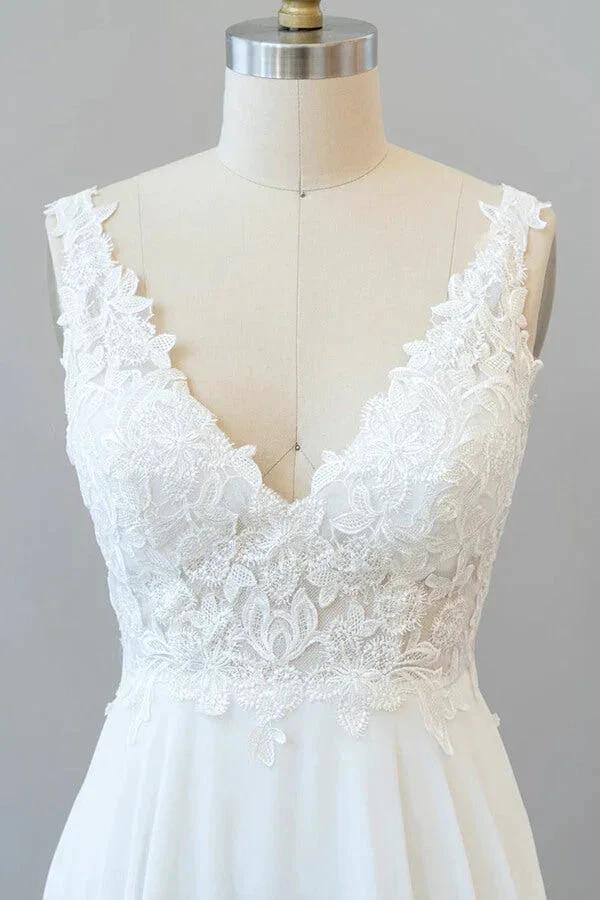 Long A-line V-neck Appliques Lace Chiffon Wedding Dress - Image 5