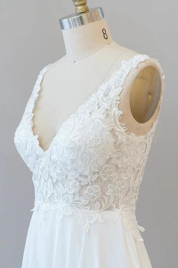 Long A-line V-neck Appliques Lace Chiffon Wedding Dress - Image 6