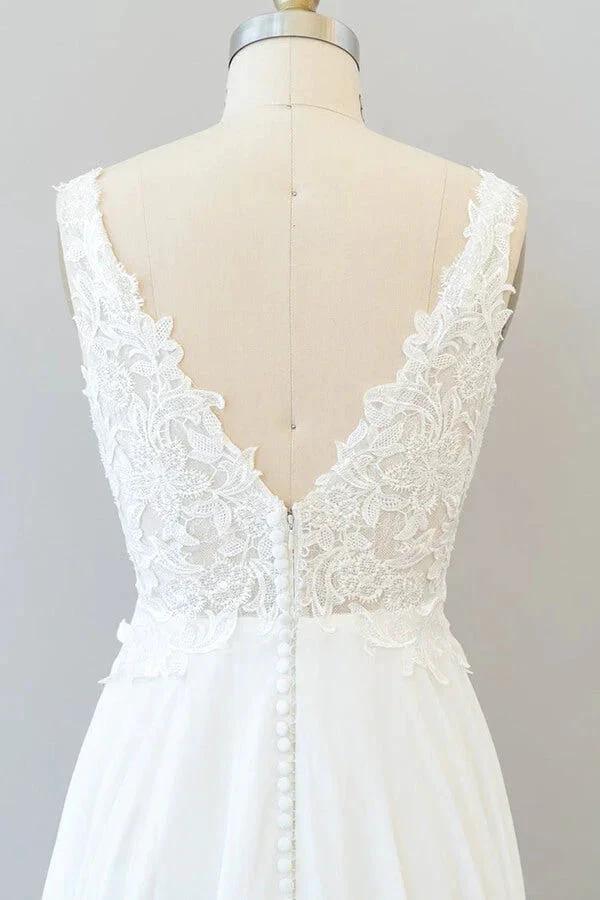 Long A-line V-neck Appliques Lace Chiffon Wedding Dress - Image 7