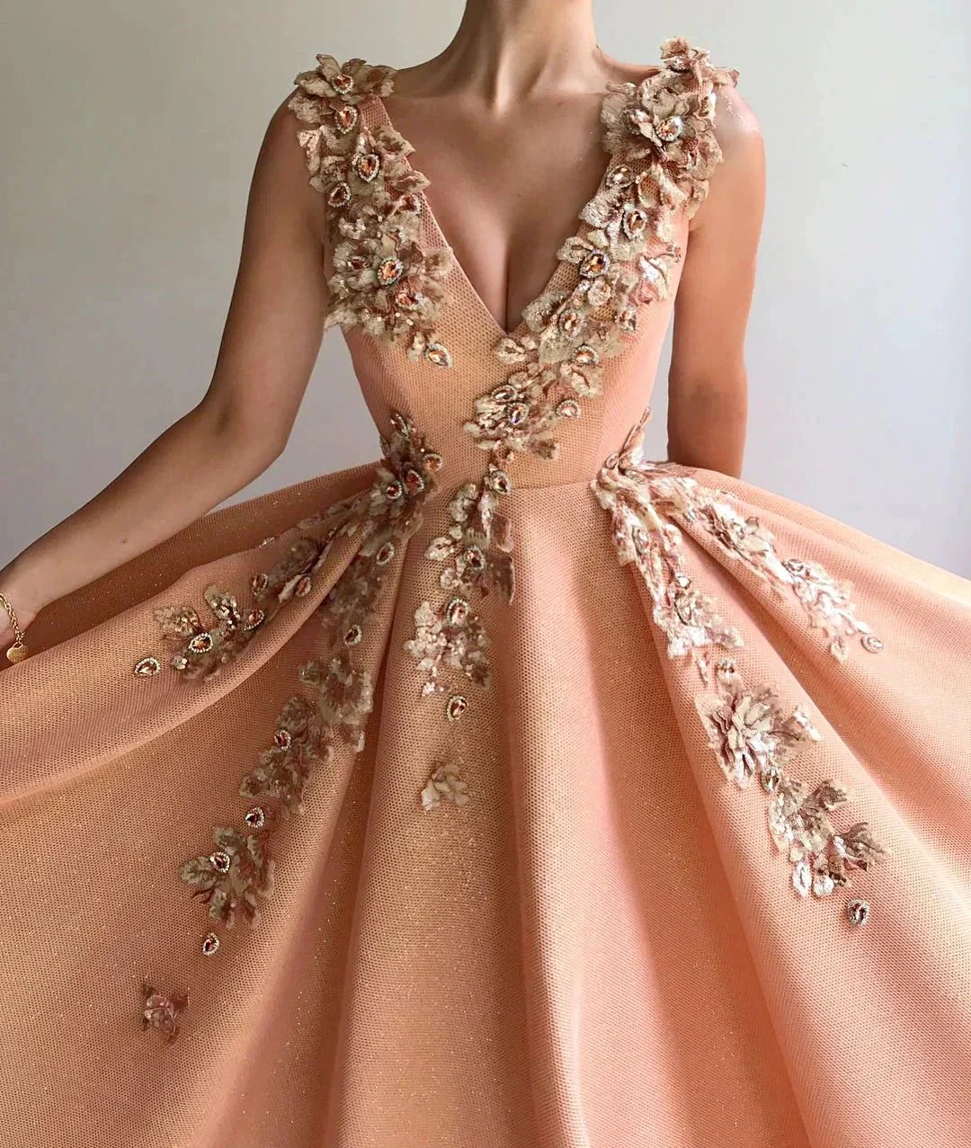 Long A-line V-neck Appliques Lace Satin Prom Dress - Image 2