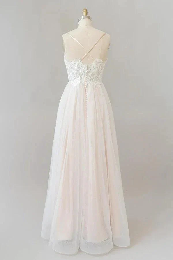 Long A-line V-neck Appliques Lace Tulle Backless Wedding Dress - Image 2