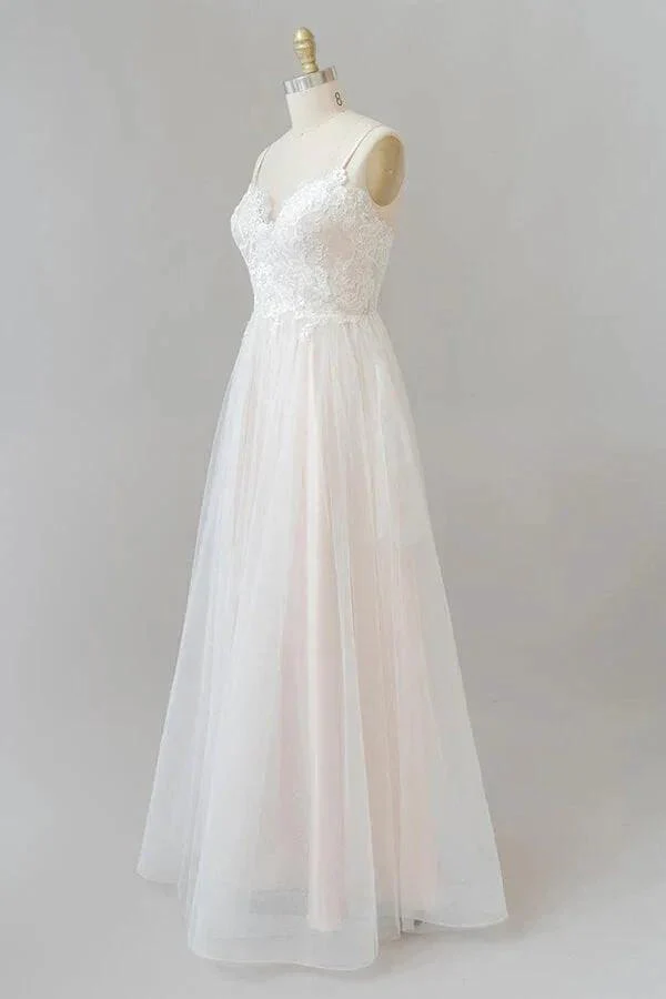Long A-line V-neck Appliques Lace Tulle Backless Wedding Dress - Image 3