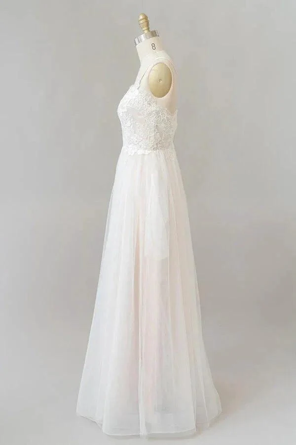 Long A-line V-neck Appliques Lace Tulle Backless Wedding Dress - Image 4
