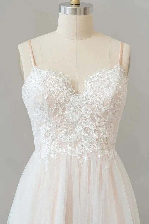 Long A-line V-neck Appliques Lace Tulle Backless Wedding Dress - Image 5