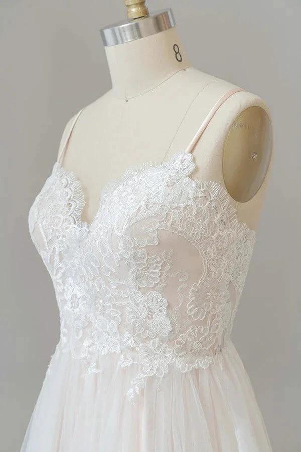 Long A-line V-neck Appliques Lace Tulle Backless Wedding Dress - Image 6