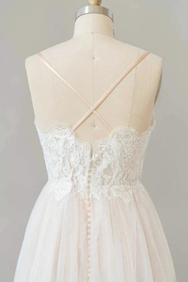 Long A-line V-neck Appliques Lace Tulle Backless Wedding Dress - Image 7