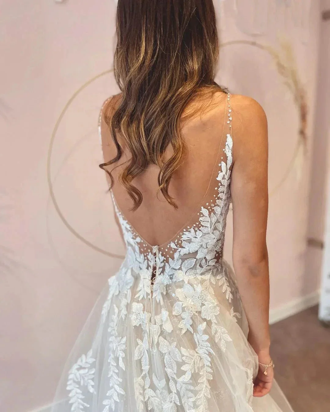 Long A-Line V-neck Appliques Lace Tulle Backless Wedding Dress - Image 3