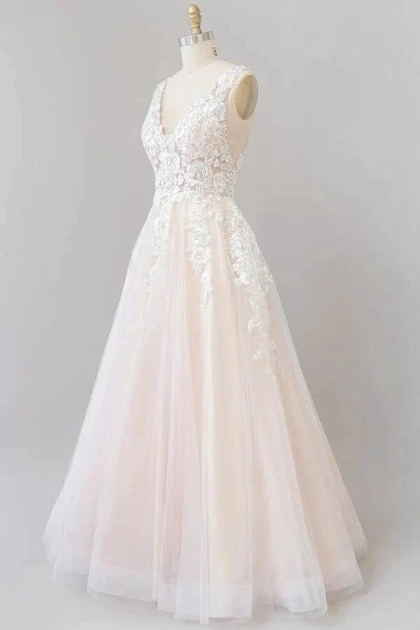 Long A-line V-neck Appliques Lace Tulle Backless Wedding Dress - Image 3