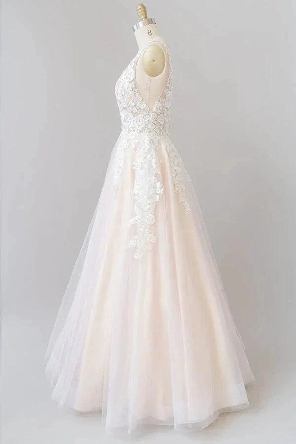 Long A-line V-neck Appliques Lace Tulle Backless Wedding Dress - Image 4