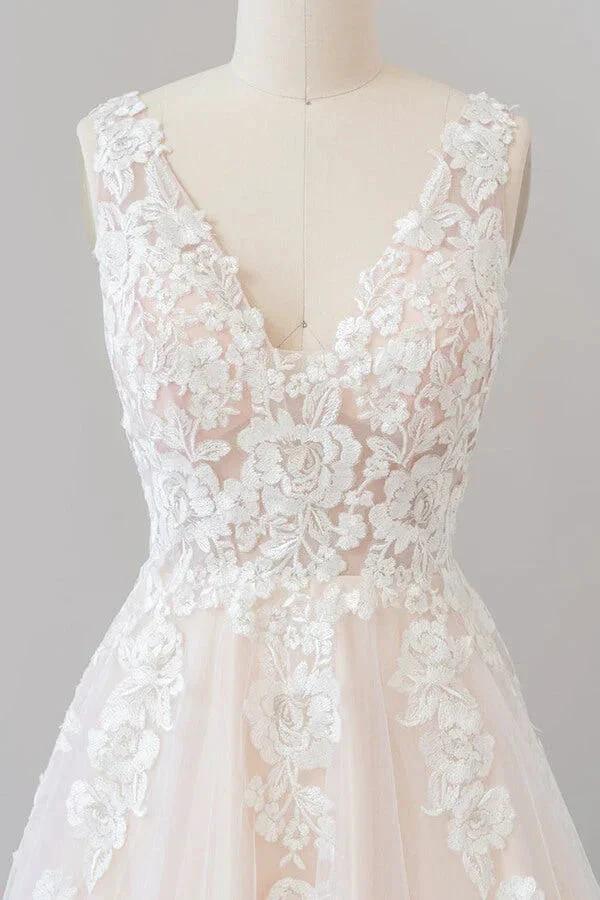 Long A-line V-neck Appliques Lace Tulle Backless Wedding Dress - Image 6