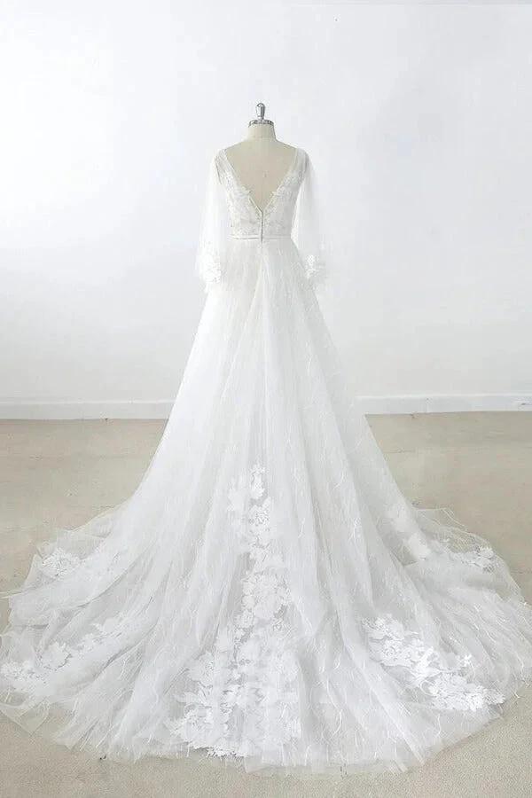 Long A-line V-neck Appliques Lace Tulle Backless Wedding Dress with Sleeves - Image 2