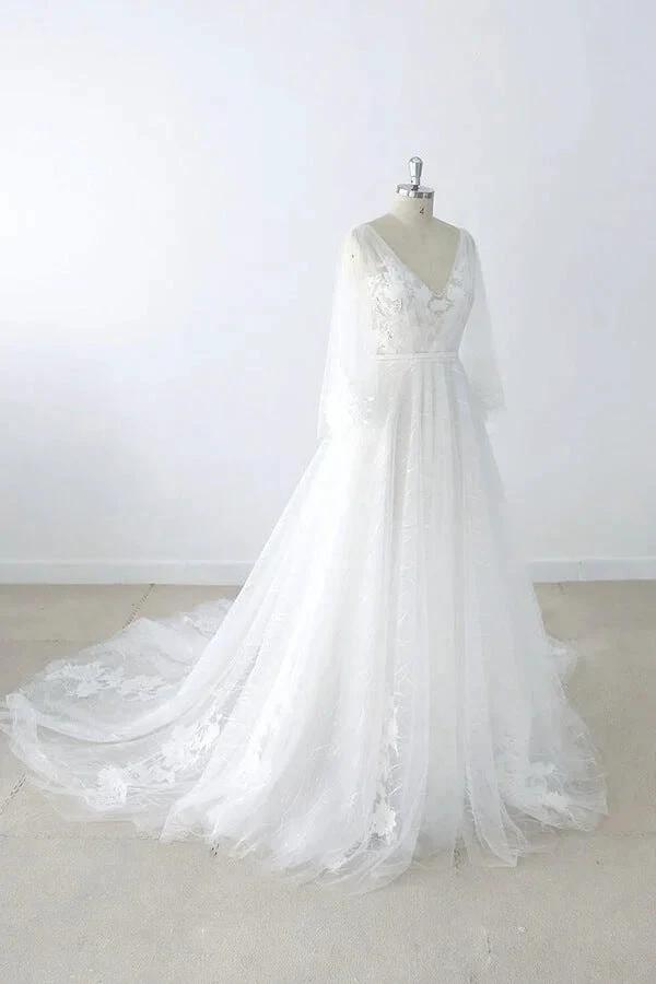 Long A-line V-neck Appliques Lace Tulle Backless Wedding Dress with Sleeves - Image 3