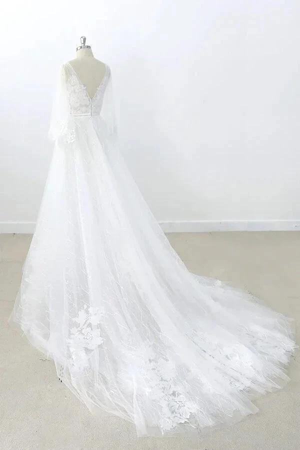 Long A-line V-neck Appliques Lace Tulle Backless Wedding Dress with Sleeves - Image 4
