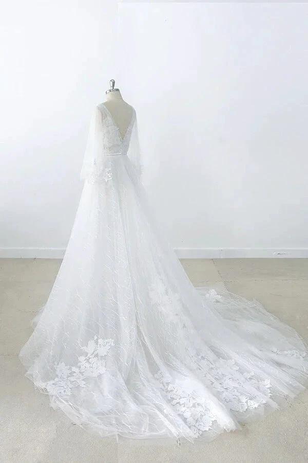 Long A-line V-neck Appliques Lace Tulle Backless Wedding Dress with Sleeves - Image 5