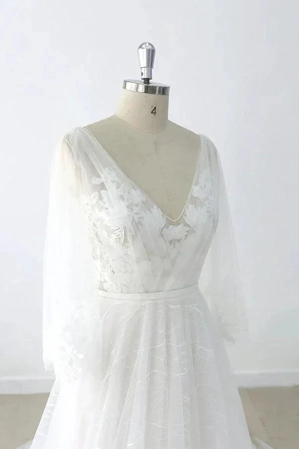 Long A-line V-neck Appliques Lace Tulle Backless Wedding Dress with Sleeves - Image 6