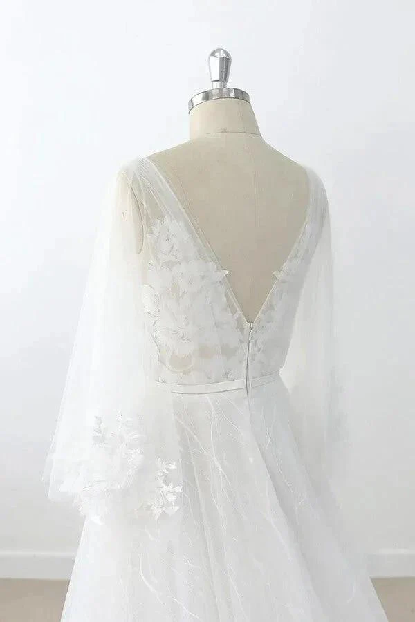 Long A-line V-neck Appliques Lace Tulle Backless Wedding Dress with Sleeves - Image 7