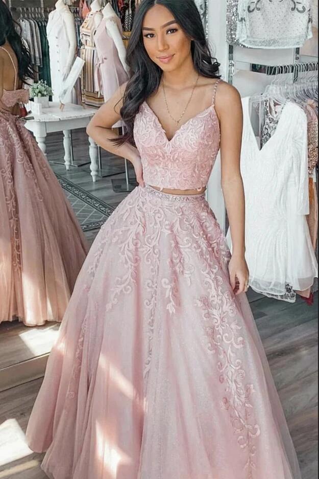 Long A-Line V-neck Appliques Lace Tulle Two Piece Prom Dress - Image 2