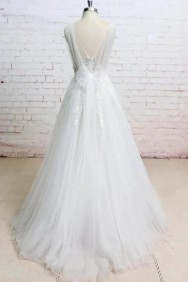 Long A-line V-neck Appliques Lace Tulle Wedding Dress - Image 2