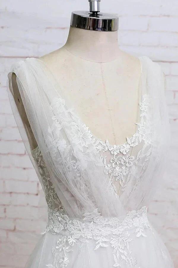 Long A-line V-neck Appliques Lace Tulle Wedding Dress - Image 3