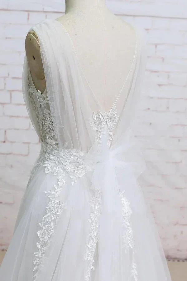 Long A-line V-neck Appliques Lace Tulle Wedding Dress - Image 4