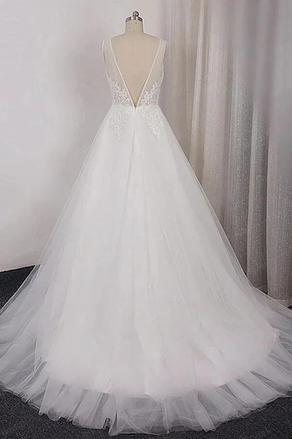 Long A-line V-neck Appliques Lace Tulle Wedding Dress - Image 2
