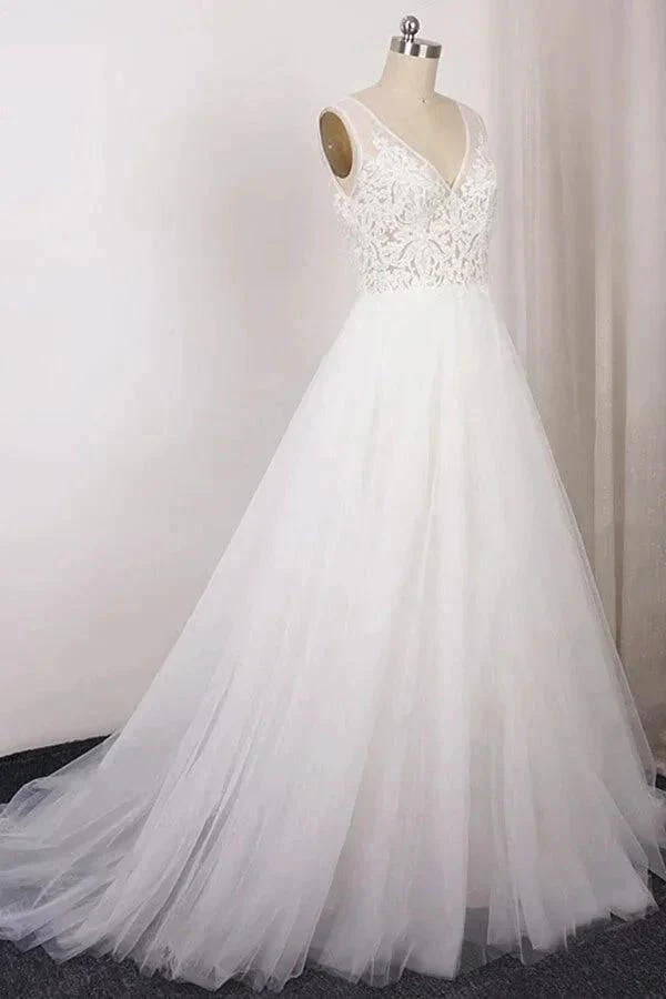 Long A-line V-neck Appliques Lace Tulle Wedding Dress - Image 3