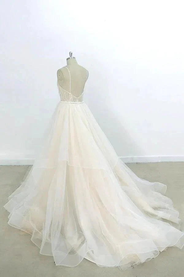 Long A-line V-neck Appliques Lace Tulle Wedding Dress - Image 2
