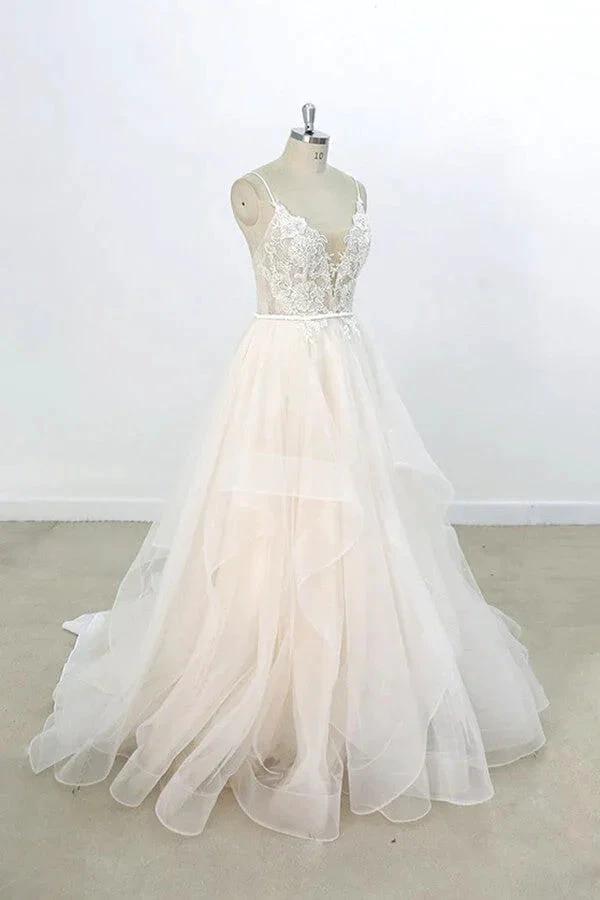 Long A-line V-neck Appliques Lace Tulle Wedding Dress - Image 3