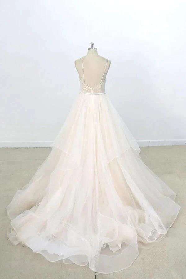 Long A-line V-neck Appliques Lace Tulle Wedding Dress - Image 4
