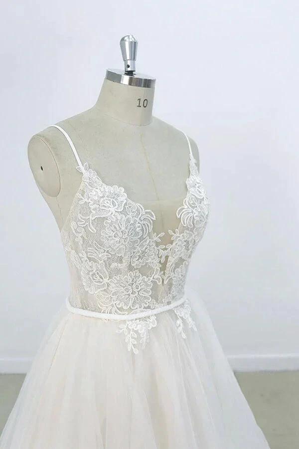 Long A-line V-neck Appliques Lace Tulle Wedding Dress - Image 5