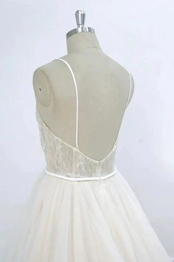 Long A-line V-neck Appliques Lace Tulle Wedding Dress - Image 6
