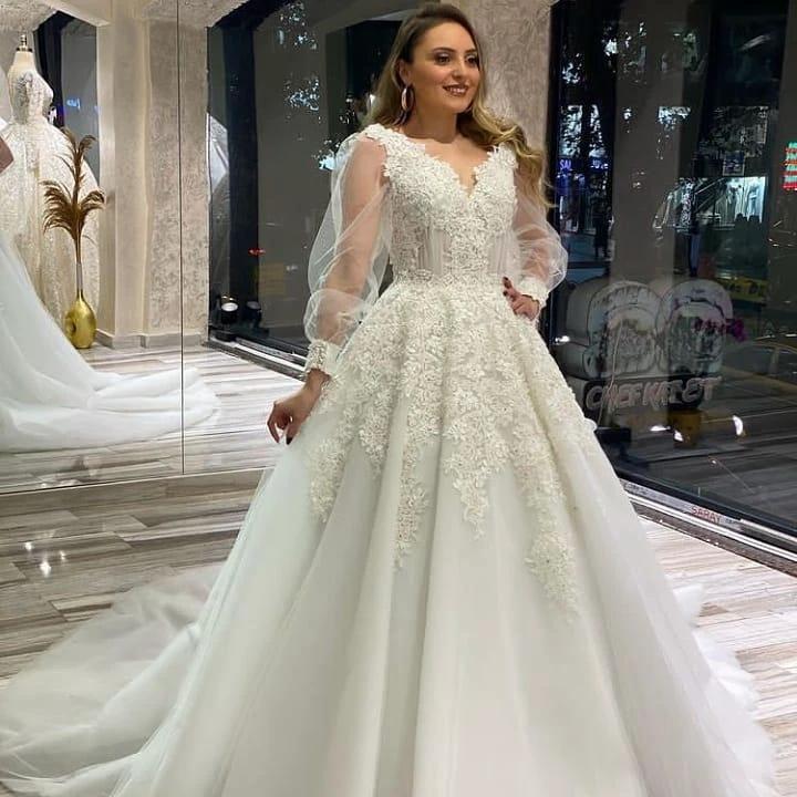 Long A-Line V-neck Appliques Lace Tulle Wedding Dress With Puffy Long Sleeves - Image 2