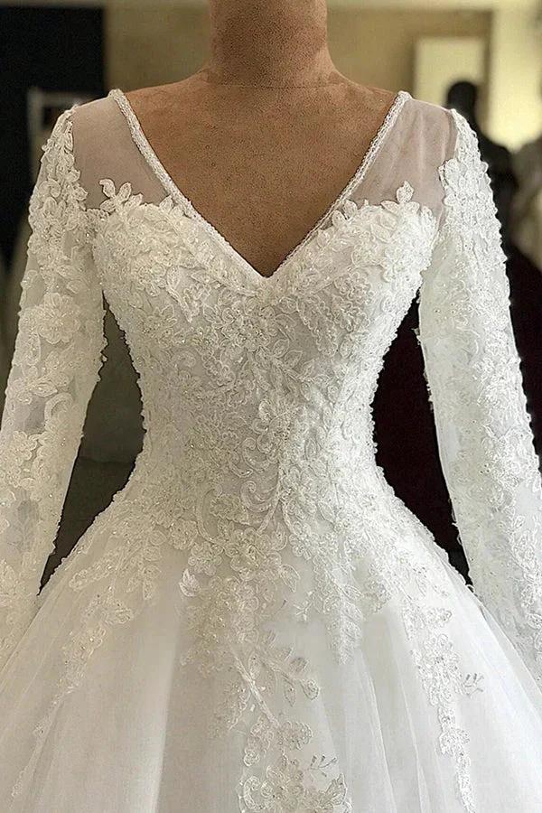 Long A-line V-neck Appliques Lace Tulle Wedding Dress with Sleeves - Image 2