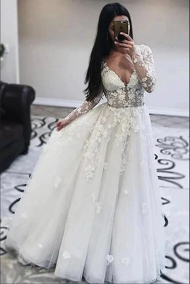 Long A-Line V-neck Appliques Lace Tulle Wedding Dress with Sleeves - Image 2