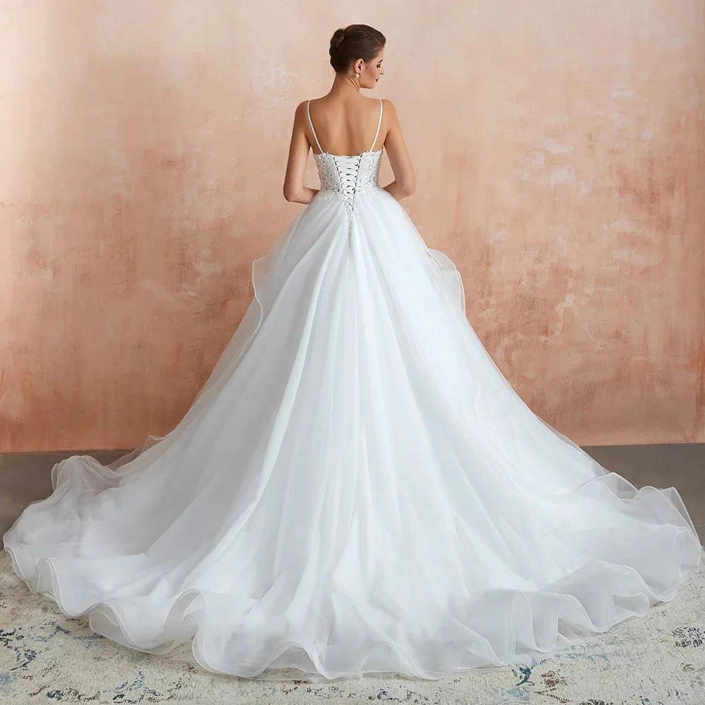 Long A-line V-neck Appliques Tulle Wedding Dress - Image 2