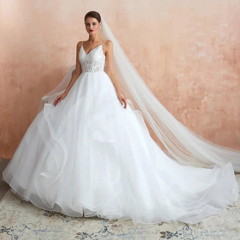 Long A-line V-neck Appliques Tulle Wedding Dress - Image 4